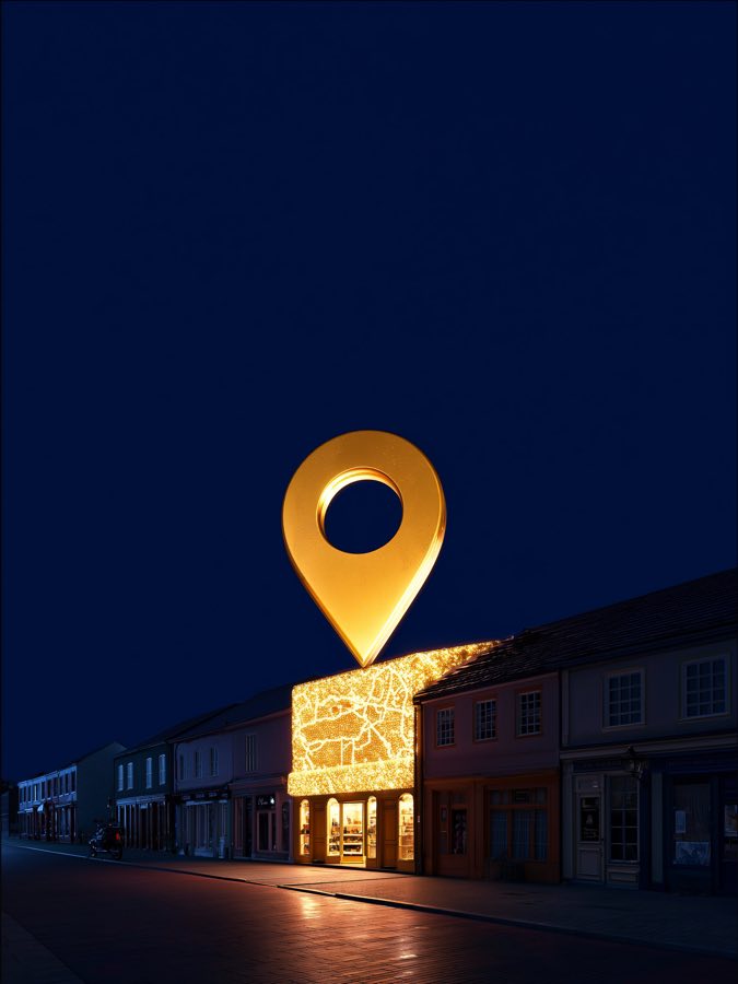 A glowing golden map pin lighting up one storefront on a dark street